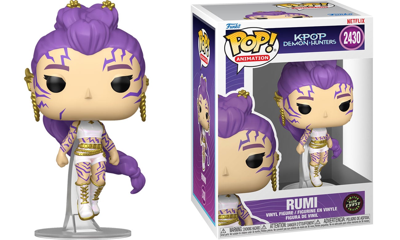 Funko POP Animation: KPOP Demon Hunters – Rumi w/Chase (Glow) - Widok od przodu wraz z opakowaniem