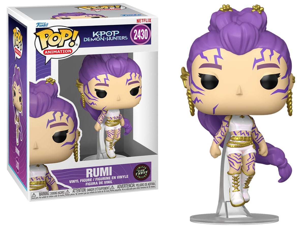 Funko POP Animation: KPOP Demon Hunters – Rumi w/Chase (Glow) - Widok od przodu wraz z opakowaniem