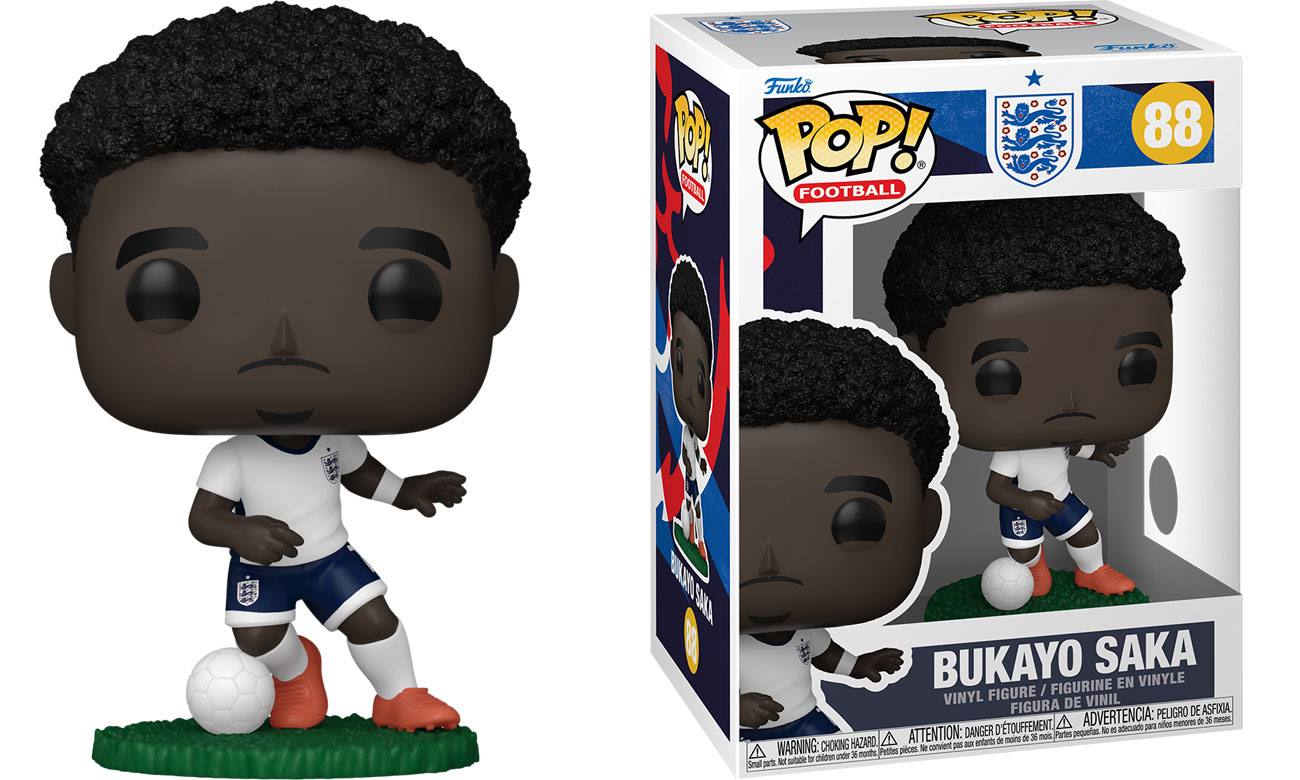 Figurka Funko POP Football: England – Bukayo Saka - Widok od przodu wraz z opakowaniem