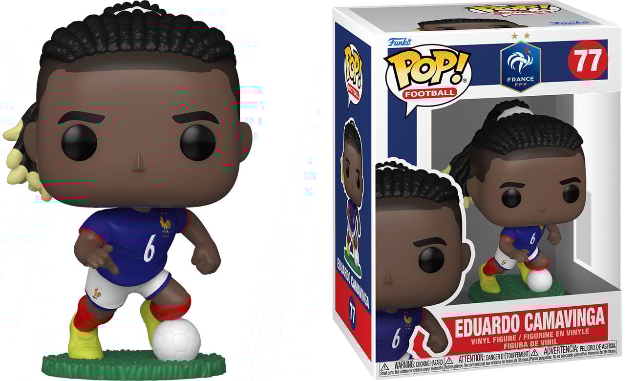 Figurka Funko POP Football: France – Eduardo Camavinga - Widok od przodu wraz z opakowaniem