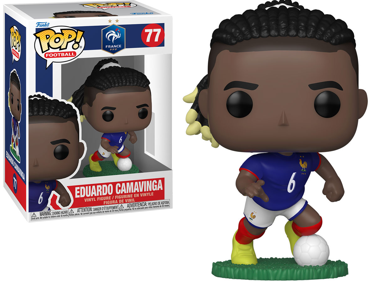 Figurka Funko POP Football: France – Eduardo Camavinga - Widok od przodu wraz z opakowaniem