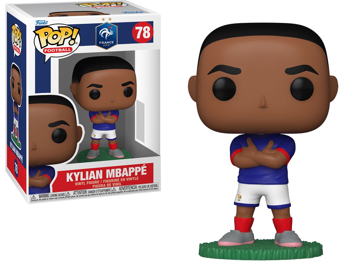 Figurka Funko POP Football: France – Kylian Mbappé - Widok od przodu wraz z opakowaniem