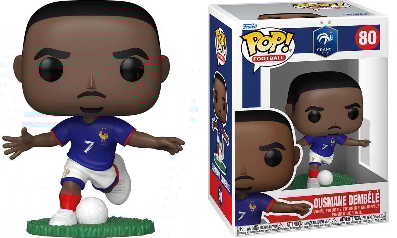 Figurka Funko POP Football: France – Ousmane Dembele - Widok od przodu wraz z opakowaniem