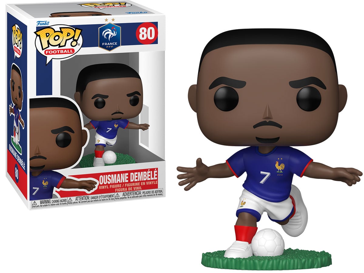 Figurka Funko POP Football: France – Ousmane Dembele - Widok od przodu wraz z opakowaniem