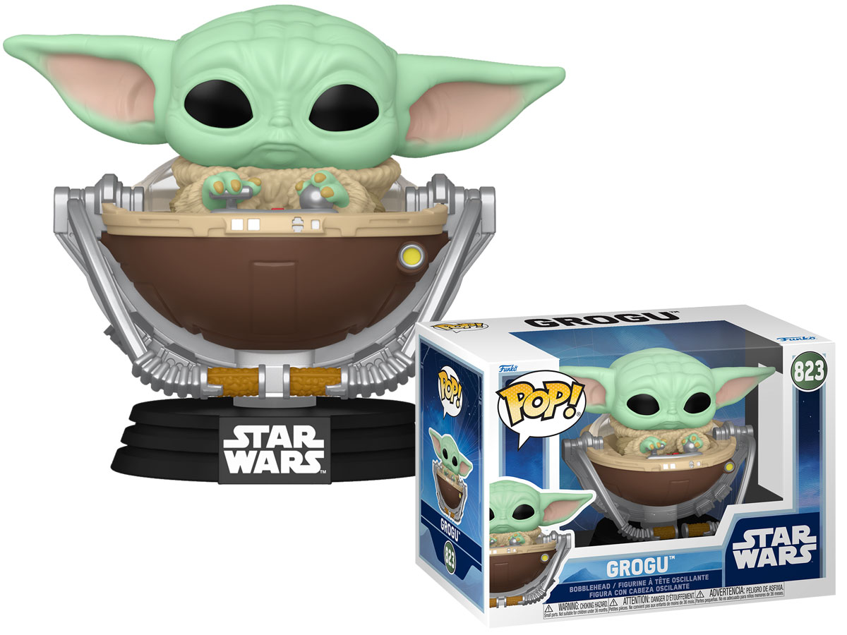 Funko POP Star Wars: The Mandalorian & Grogu – Grogu in Pram - Widok od przodu wraz z opakowaniem