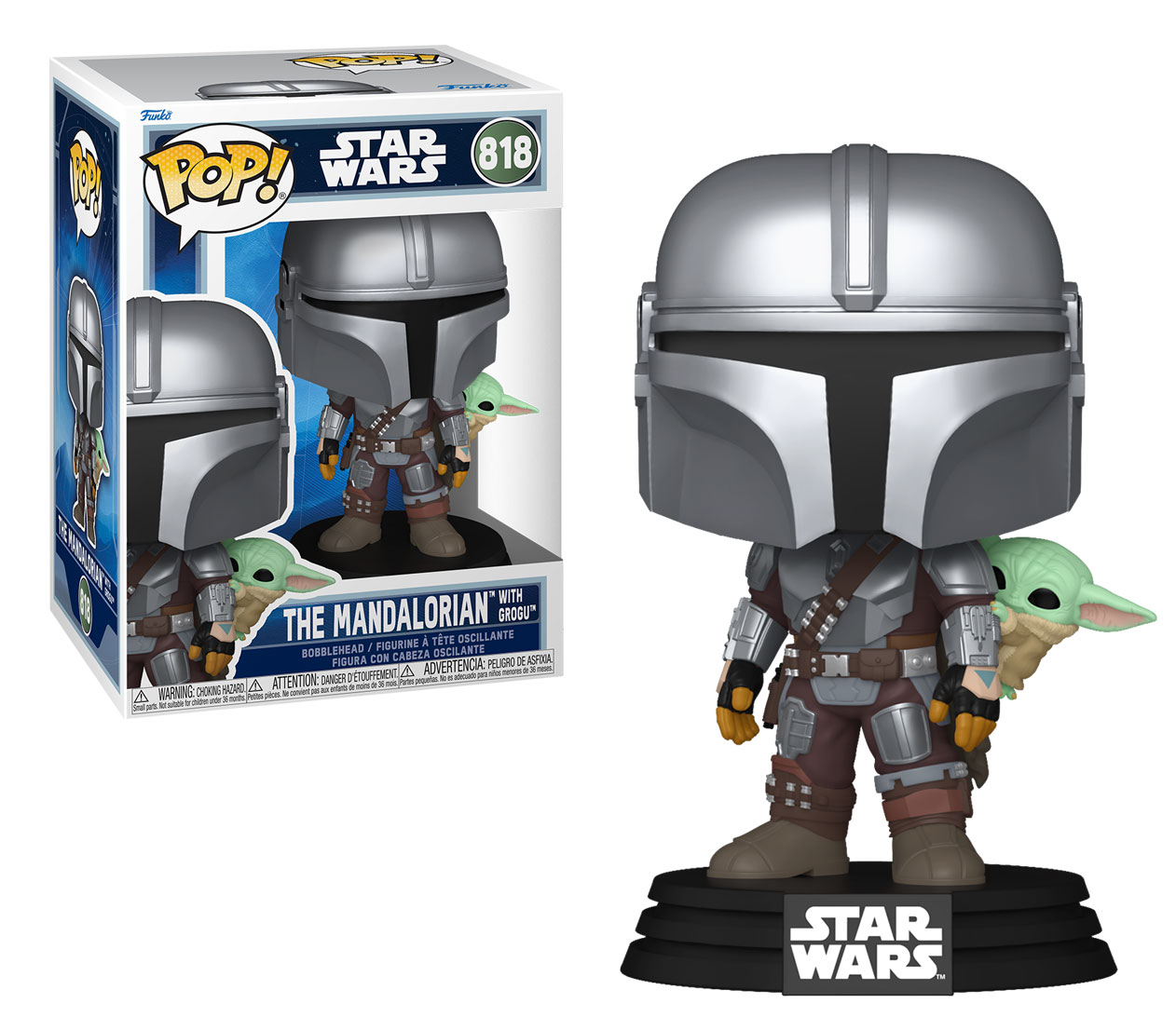 Funko POP Star Wars: The Mandalorian & Grogu – The Mandalorian w/ Grogu - Widok od przodu wraz z opakowaniem