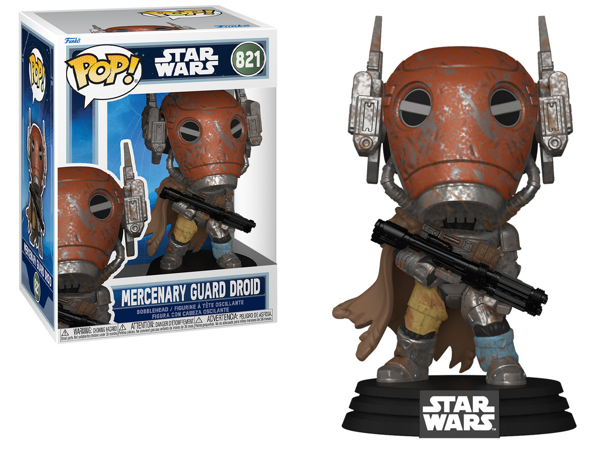 Funko POP Star Wars: The Mandalorian & Grogu – Mercenary Guard Droid - Widok od przodu wraz z opakowaniem