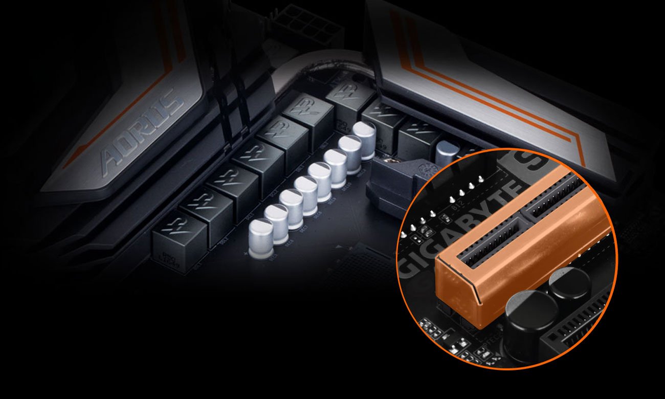 Gigabyte GA-X470-AORUS ULTRA GAMING 8+3 fazy zasilania, wzmocnione sloty