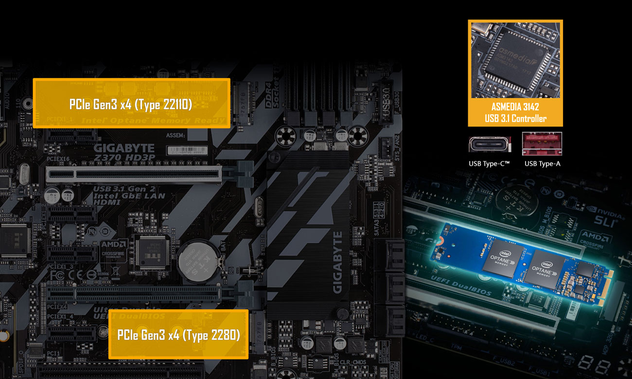 Gigabyte Z370 HD3P PCIe Gen3 x4 M.2 ASMEDIA 3142 USB 3.1 Gen2 Intel Optane