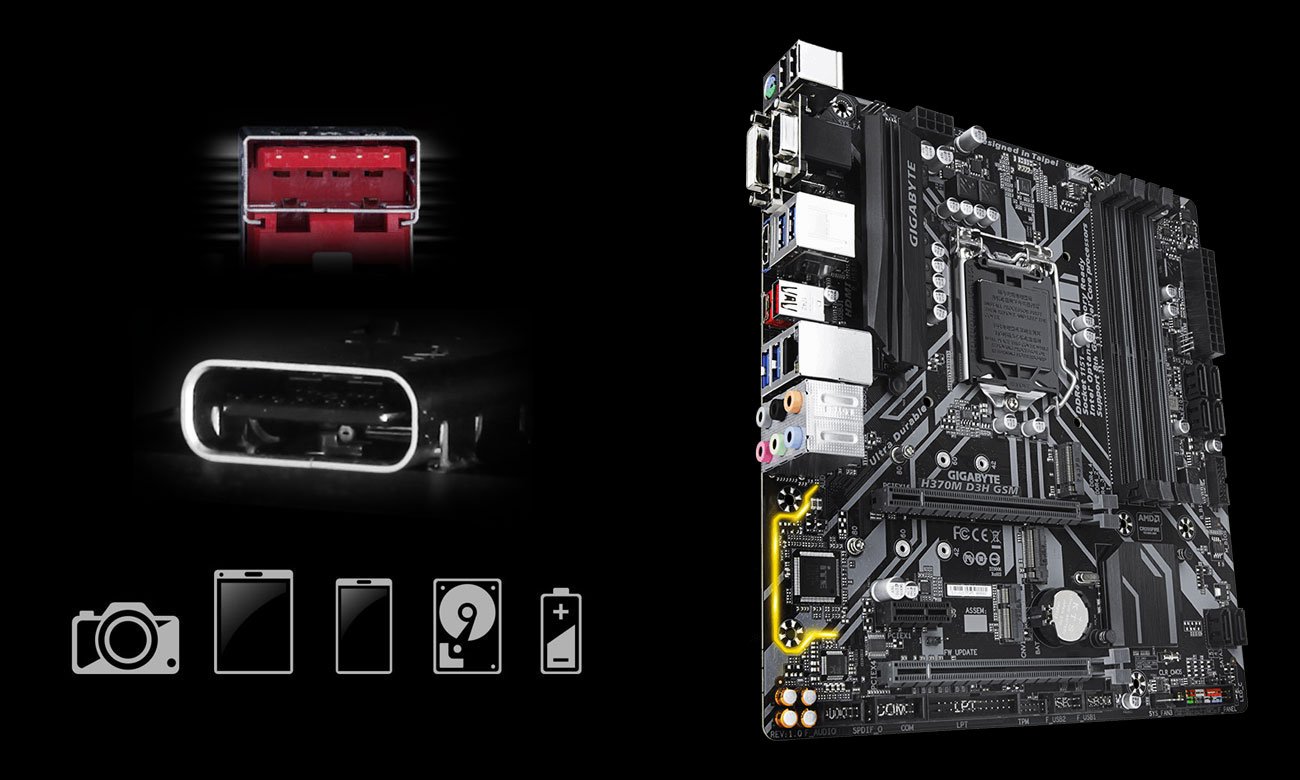 Gigabyte H370M D3H GSM Porty USB 3.1 Gen2 typu C do 10 Gb/s