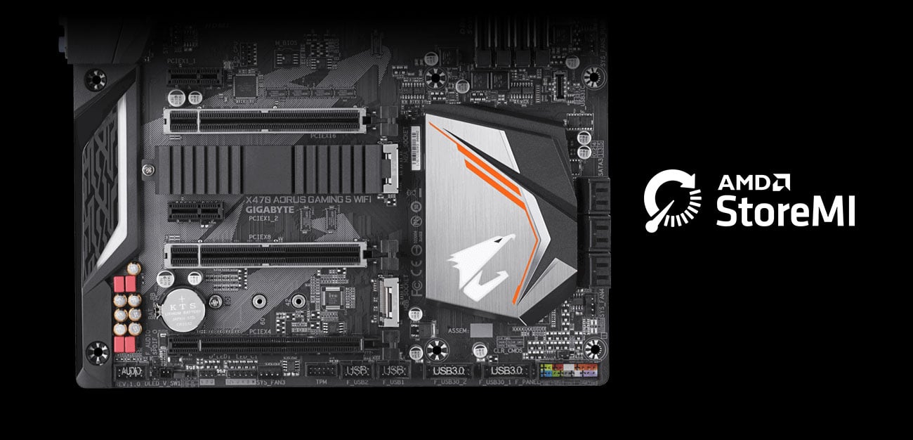 Gigabyte X470 AORUS GAMING 5 WIFI Złącza NVMe M.2 PCIe AMD StoreMI