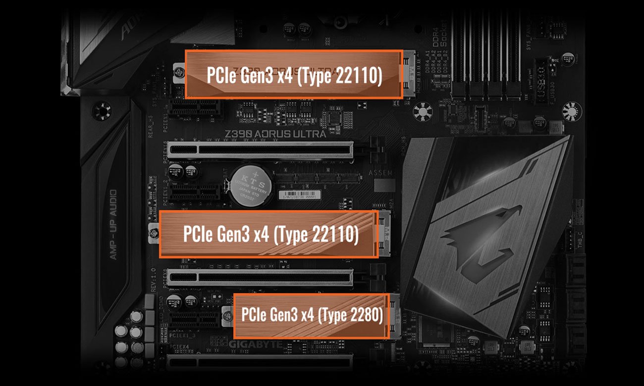 Gigabyte Z390 AORUS ULTRA Trzy złącza PCIe 3.0 x4 M.2