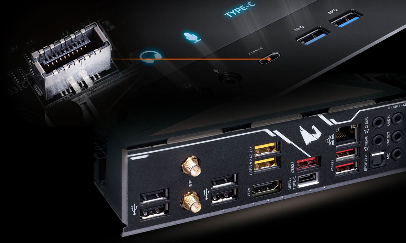Gigabyte Z390 AORUS ULTRA Złącza USB 3.1 Gen2 Typu C