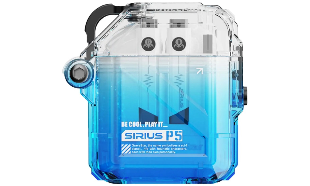 Słuchawki bezprzewodowe Gravastar Sirius P5 Earbuds - Widok od przodu wraz z zamkniętym etui ładującym
