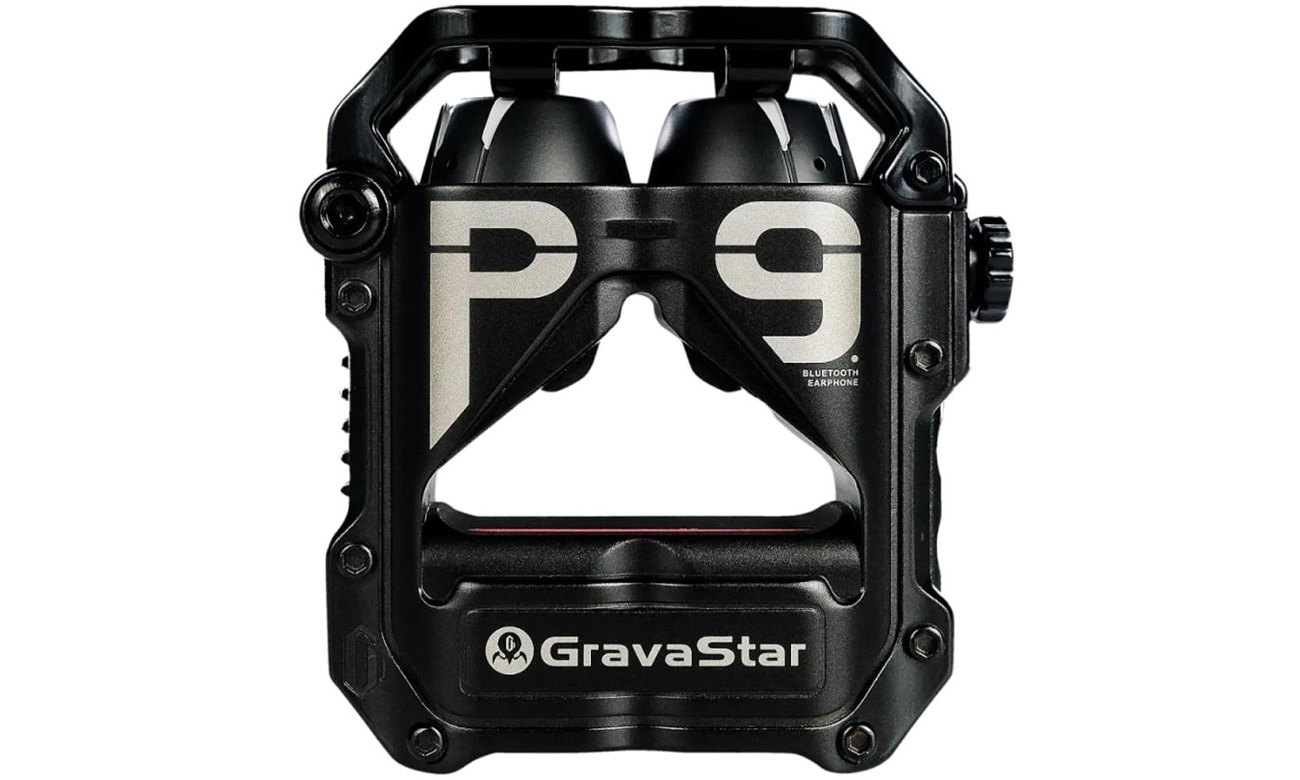 Słuchawki bezprzewodowe Gravastar Sirius Pro Black - Widok od przodu wraz z etui zamkniętym ładującym