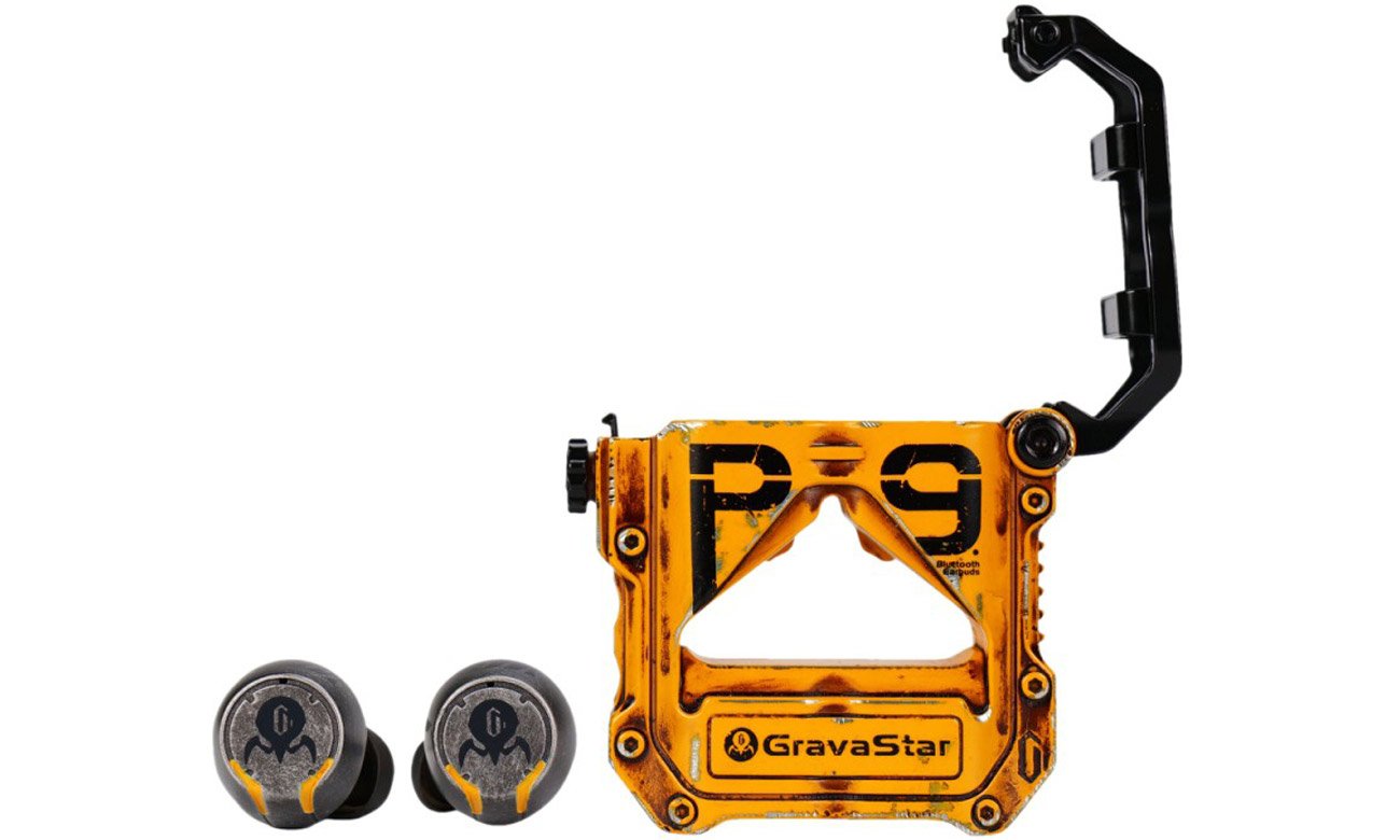 Słuchawki bezprzewodowe Gravastar Sirius Pro Yellow War Damaged - Widok od przodu, słuchawki i etui osobno