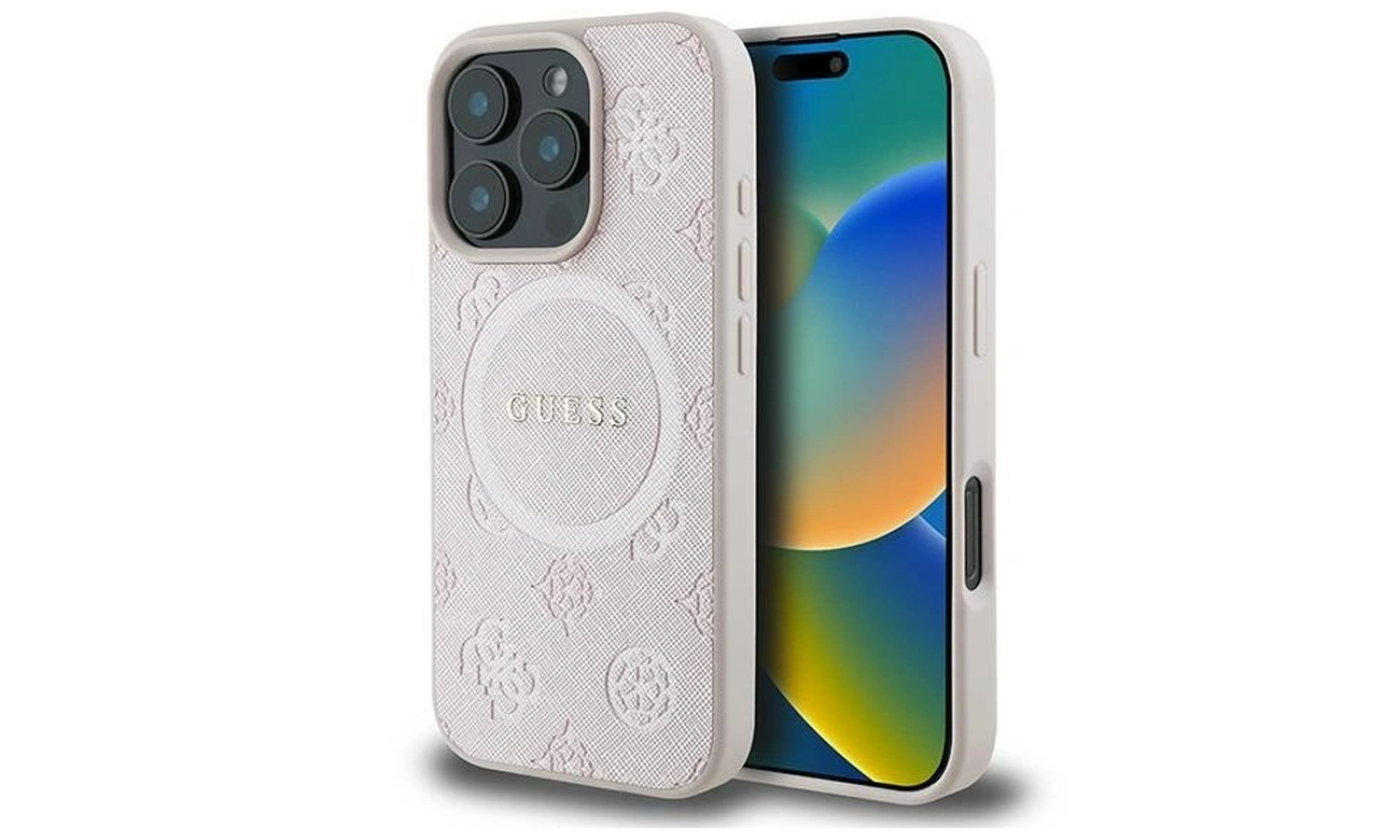Etui Guess Saffiano Peony Classic Logo do iPhone 16 Pro różowy