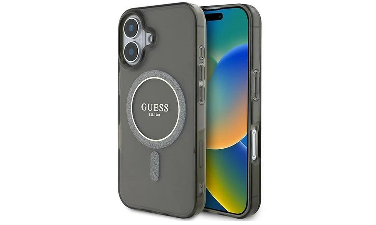 Etui Guess IML Glitter Circle do iPhone 16 czarny