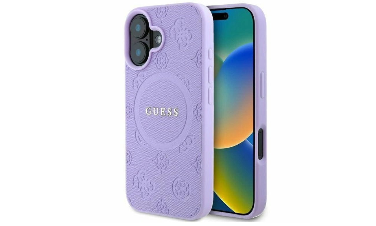 Etui Guess Saffiano Peony Classic Logo do iPhone 16 fioletowy