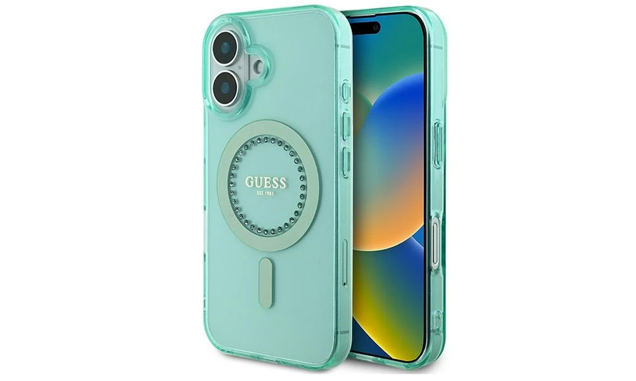 Etui Guess IML Rhinestones do iPhone 16 Plus zielony