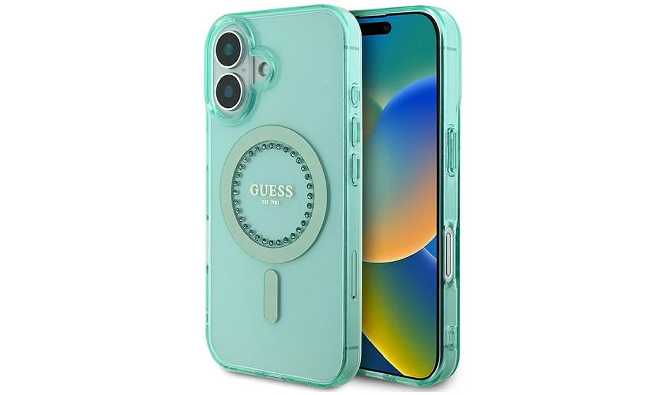 Etui Guess IML Rhinestones do iPhone 16 zielony