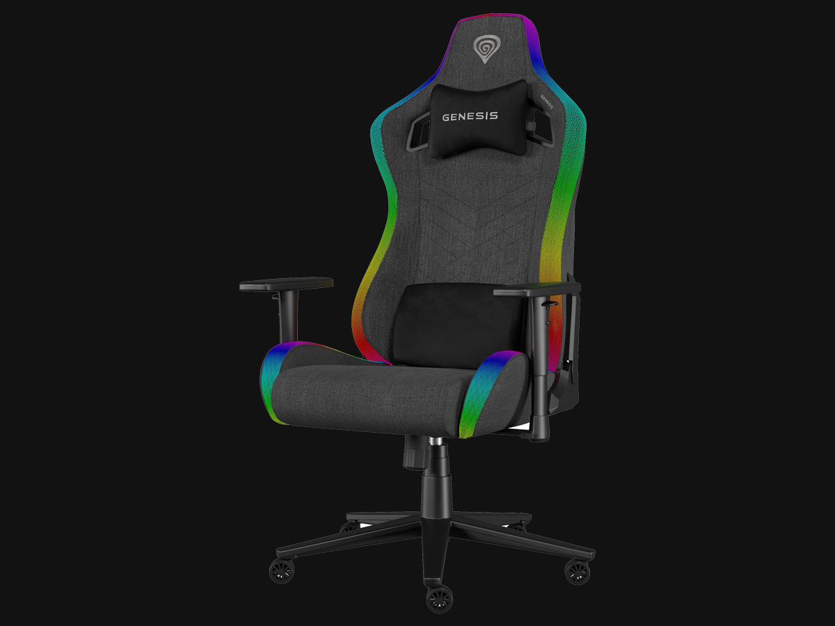 Fotel gamingowy Genesis Trit 660 RGB Szary - Widok od przodu pod kątem, grafika z tłem