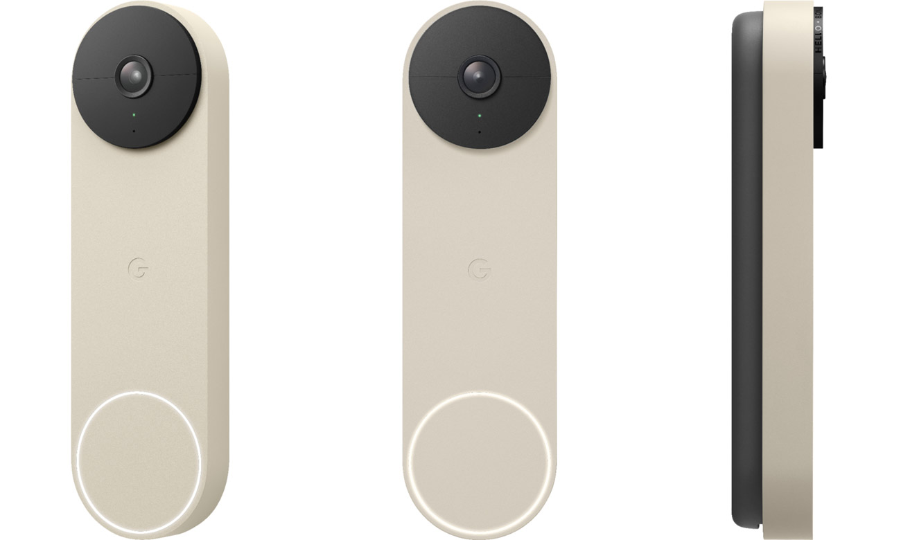Inteligentny dzwonek do drzwi Google Nest Doorbell Linen - Widok z przodu i z boku