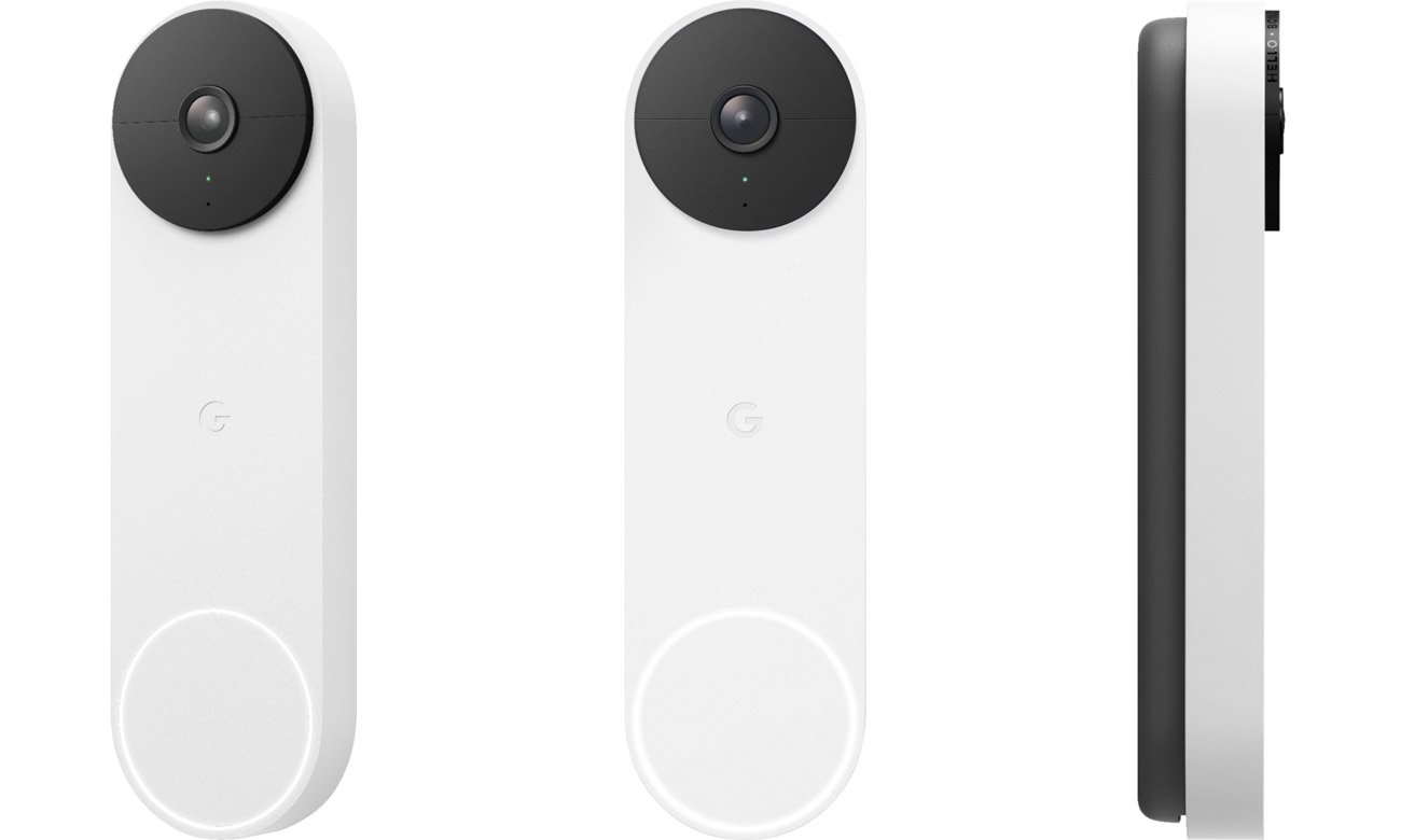 Inteligentny dzwonek do drzwi Google Nest Doorbell Snow - Widok z przodu i z boku