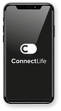 Smartfon z czarnym ekranem, na którym widoczne jest białe logo oraz napis ConnectLife.