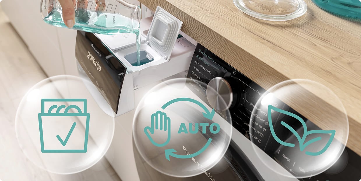 Dłoń nalewająca płyn do dozownika w pralce Gorenje i 3 ikony funkcji: łatwe czyszczenie, automatyczne dozowanie oraz ekologia i oszczędność