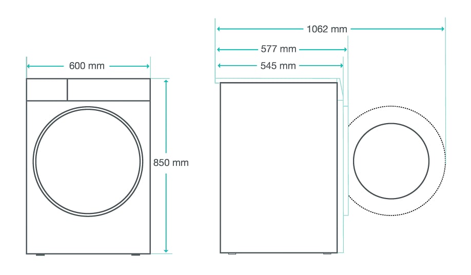 Ilustracja z wymiarami pralki: szerokość 600 mm, wysokość 850 mm, głębokość 545/577 mm lub 1062 mm przy otwartych drzwiach