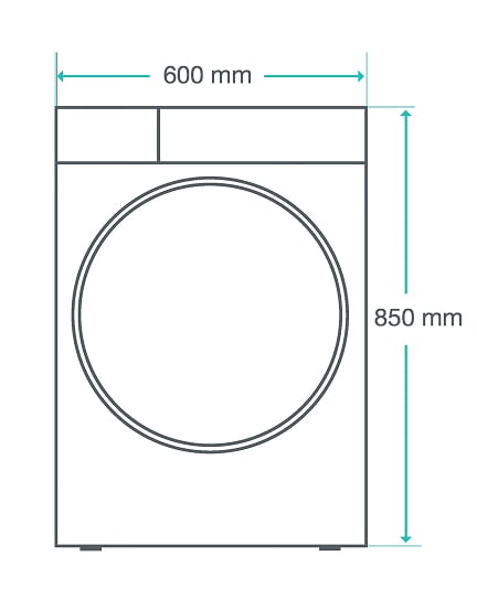 Ilustracja z wymiarami pralki: szerokość 600 mm, wysokość 850 mm