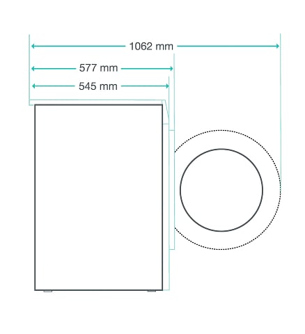 Ilustracja z wymiarami pralki: głębokość 545/577 mm lub 1062 mm przy otwartych drzwiach
