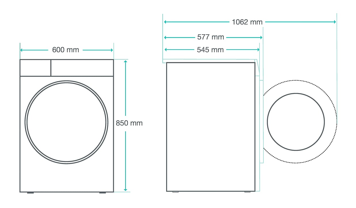 Ilustracja z wymiarami pralki: szerokość 600 mm, wysokość 850 mm, głębokość 545/577 mm lub 1062 mm przy otwartych drzwiach