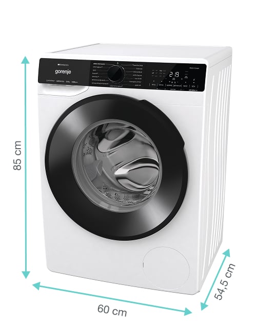 Pralka Gorenje z zaznaczonymi wymiarami: 85 cm wysokość, 60 cm szerokość oraz 54,5 cm głębokość