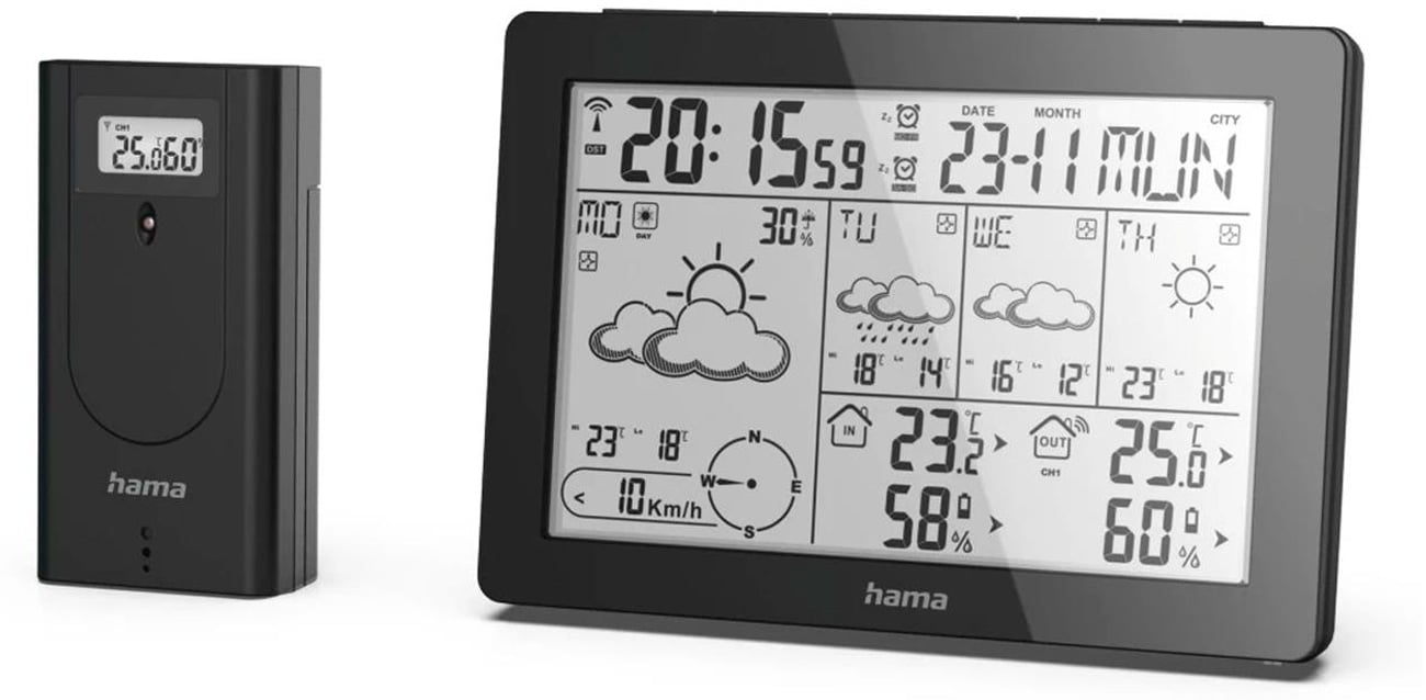 Stacja pogody Hama Meteotime - Widok od przodu pod kątem wraz z czujnikiem