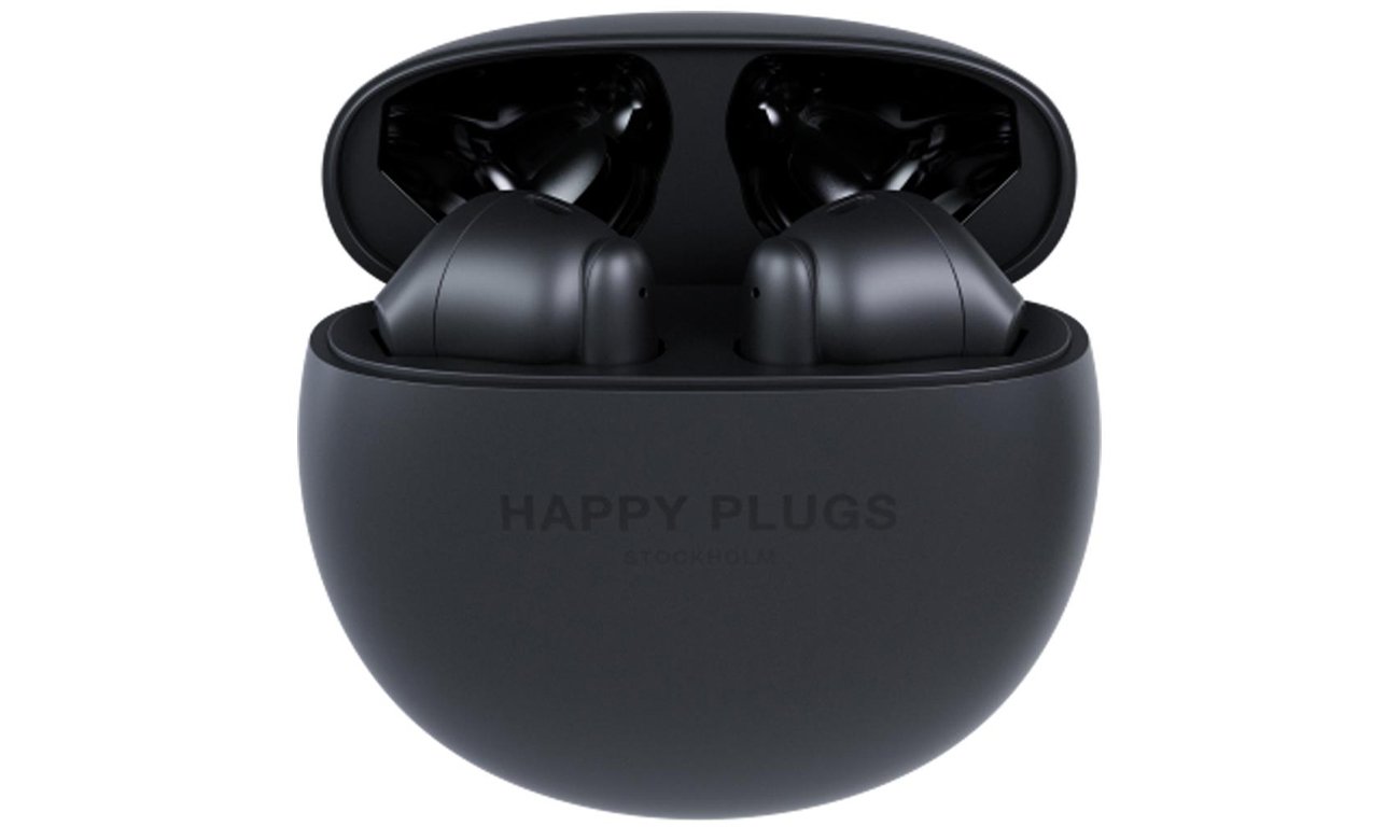 Słuchawki bezprzewodowe Happy Plugs Joy Lite z ENC Czarne - Widok od przodu wraz z otwartym etui ładującym