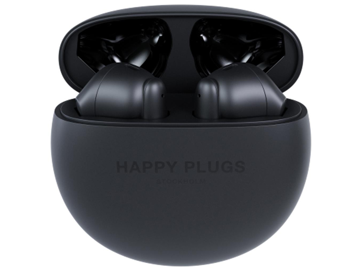 Słuchawki bezprzewodowe Happy Plugs Joy Lite z ENC Czarne - Widok od przodu wraz z otwartym etui ładującym