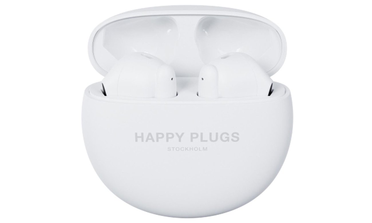 Słuchawki bezprzewodowe Happy Plugs Joy Lite z ENC Białe - Widok od przodu wraz z otwartym etui ładującym