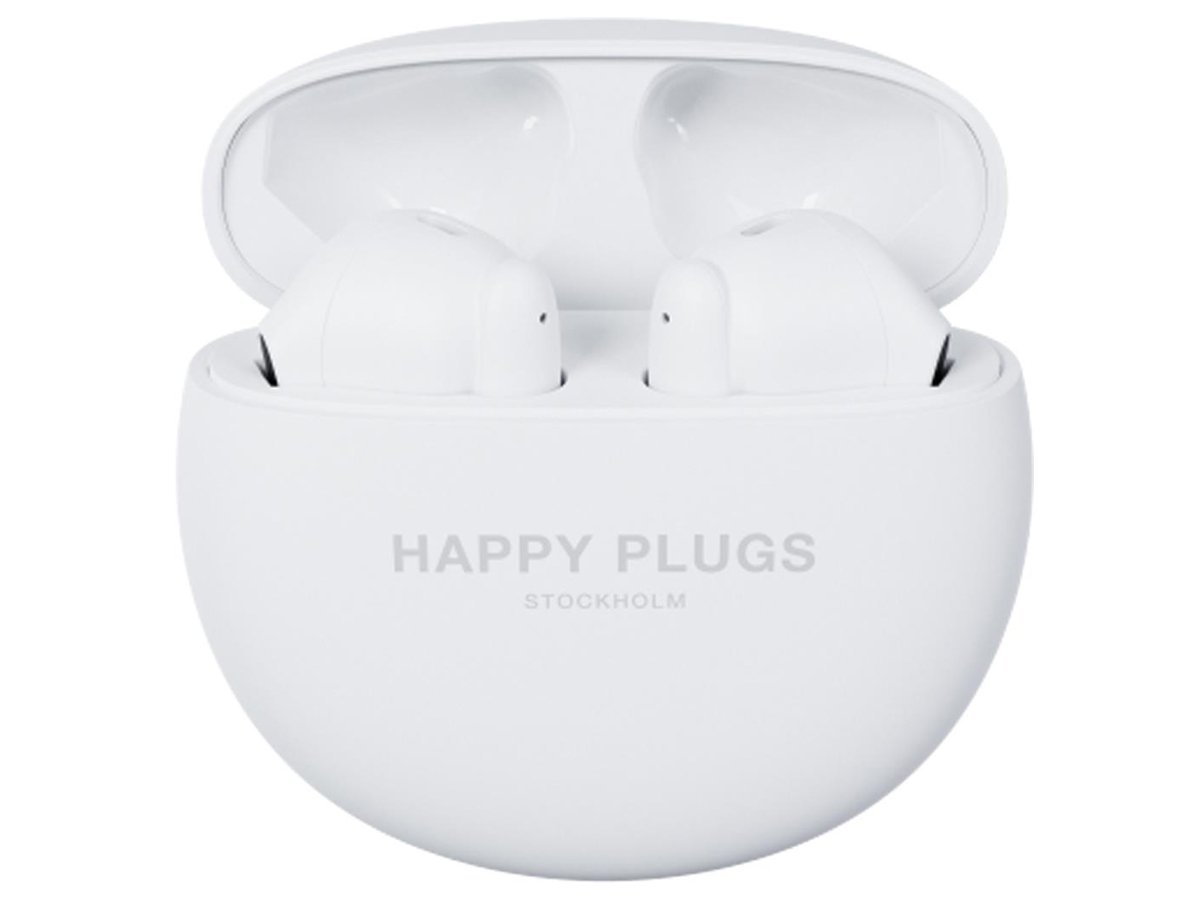 Słuchawki bezprzewodowe Happy Plugs Joy Lite z ENC Białe - Widok od przodu wraz z otwartym etui ładującym