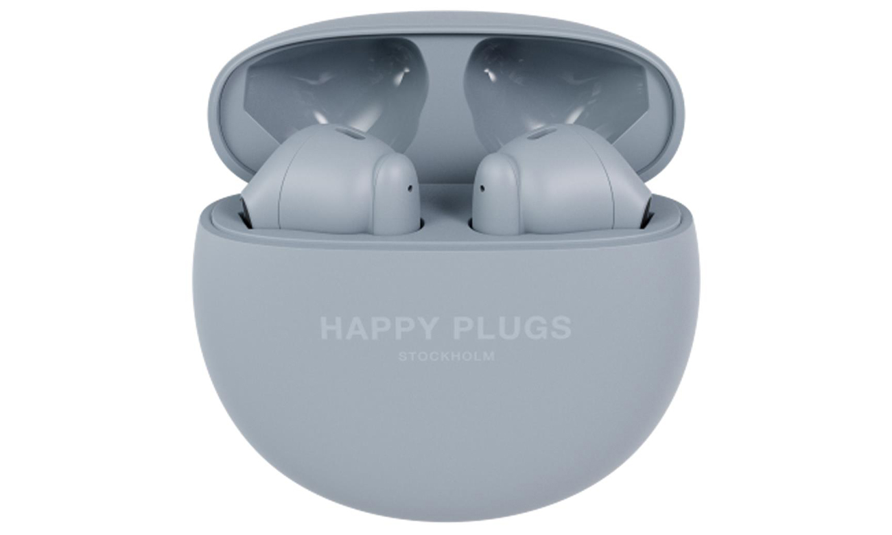 Słuchawki bezprzewodowe Happy Plugs Joy Lite z ENC Niebieskie - Widok od przodu wraz z otwartym etui ładującym
