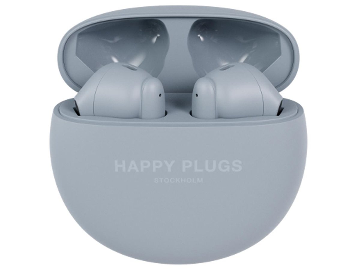 Słuchawki bezprzewodowe Happy Plugs Joy Lite z ENC Niebieskie - Widok od przodu wraz z otwartym etui ładującym