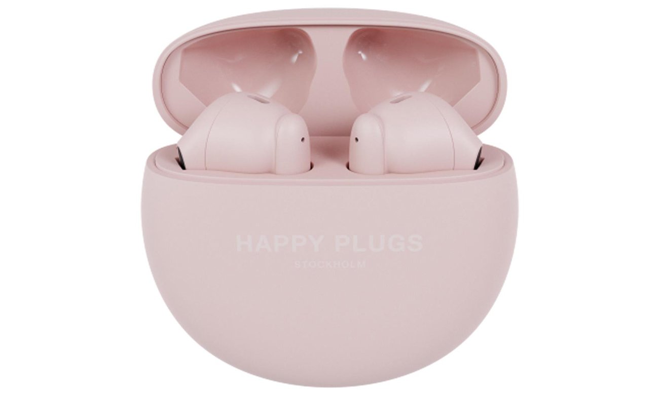 Słuchawki bezprzewodowe Happy Plugs Joy Lite z ENC Różowe - Widok od przodu wraz z otwartym etui ładującym