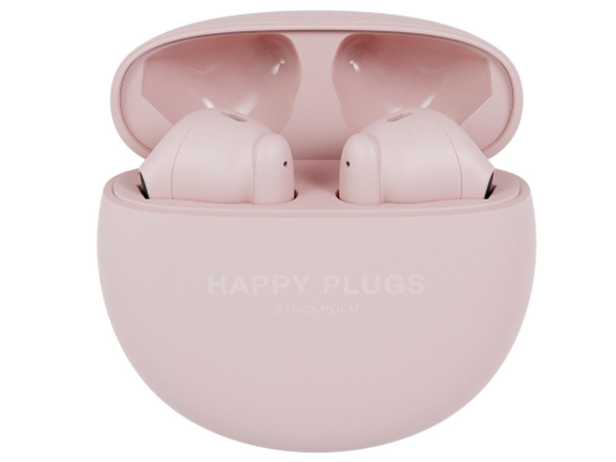 Słuchawki bezprzewodowe Happy Plugs Joy Lite z ENC Różowe - Widok od przodu wraz z otwartym etui ładującym