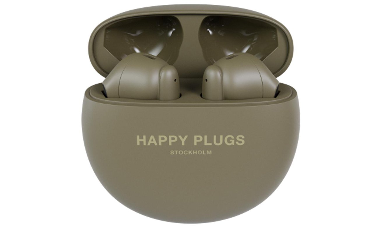 Słuchawki bezprzewodowe Happy Plugs Joy Lite z ENC Zielone - Widok od przodu wraz z otwartym etui ładującym