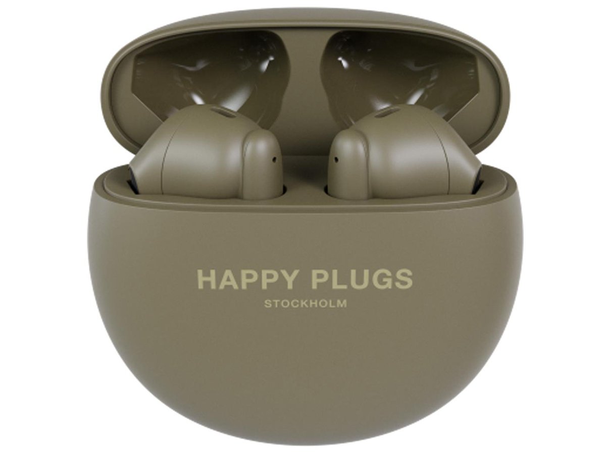 Słuchawki bezprzewodowe Happy Plugs Joy Lite z ENC Zielone - Widok od przodu wraz z otwartym etui ładującym