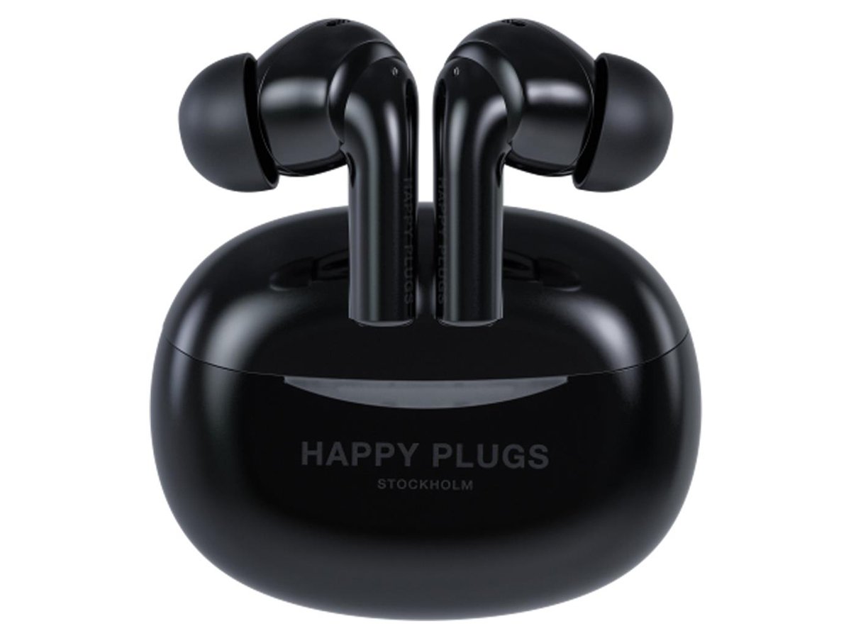 Słuchawki bezprzewodowe Happy Plugs Joy Pro z ANC Czarne - Widok od przodu wraz z zamkniętym etui ładującym