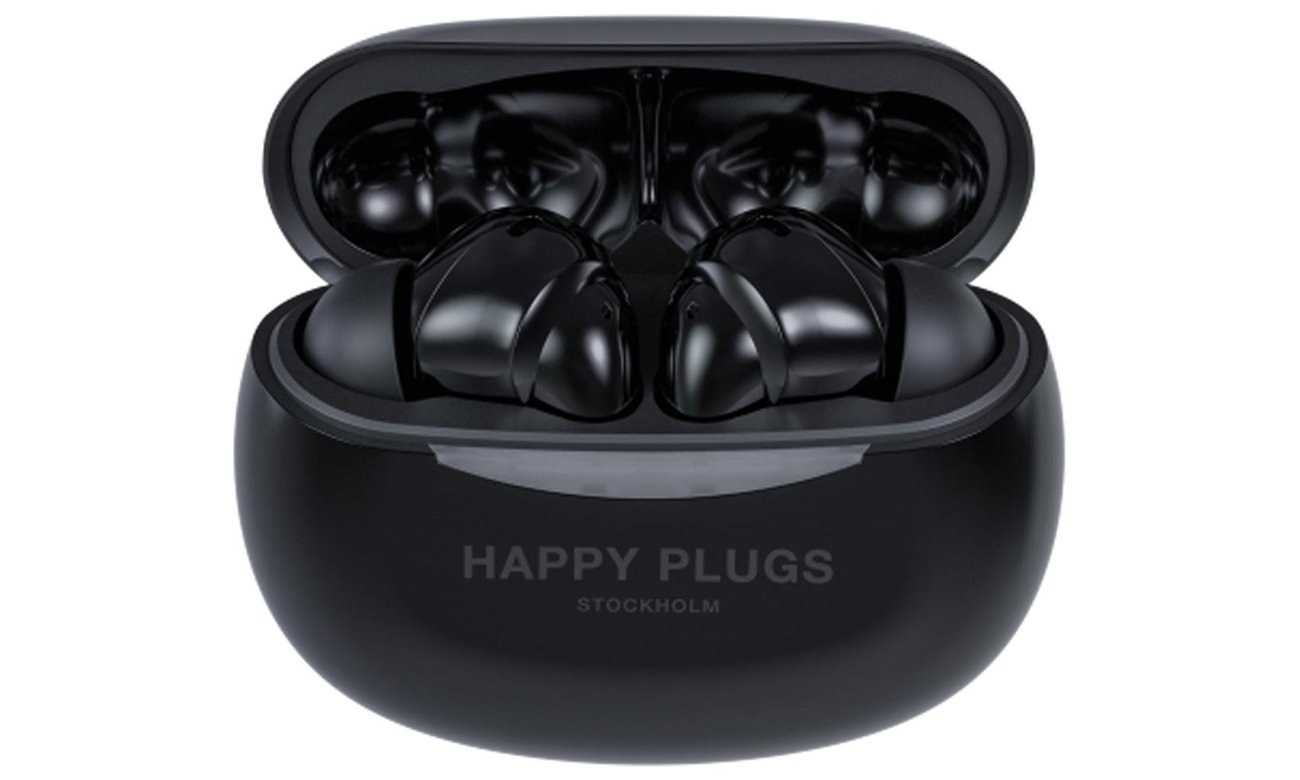 Słuchawki bezprzewodowe Happy Plugs Joy Pro z ANC Czarne - Widok od przodu wraz z otwartym etui ładującym