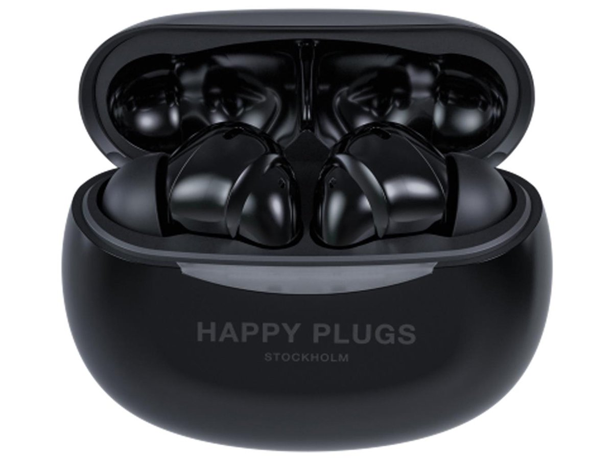 Słuchawki bezprzewodowe Happy Plugs Joy Pro z ANC Czarne - Widok od przodu wraz z otwartym etui ładującym