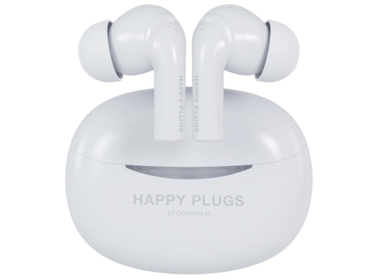 Słuchawki bezprzewodowe Happy Plugs Joy Pro z ANC Białe - Widok od przodu wraz z zamkniętym etui ładującym